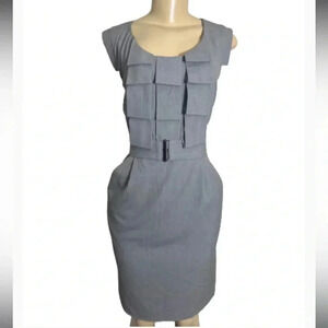 SANDRA  DARREN MIDI SHEATH GRAY  DRESS SLEEVELESS BELT POCKETS STRETCH  SIZE 8
